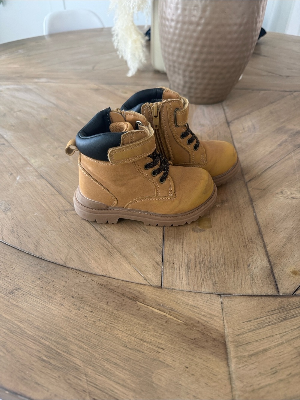 Tan Zip Up Kids Boots with Velcro straps and Black Collar